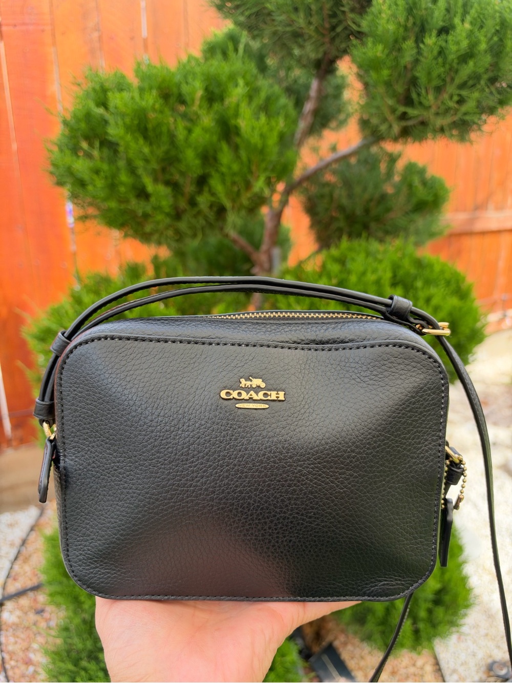 Coach Black Pebbled Leather PRELOVED Camera Crossbody with Gold Logo